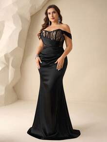 Coutiva Plus-Size Elegant Off-Shoulder Sweetheart Neckline, Sequined Satin Color-Blocked Hem, Mermaid Tail Skirt. Suitable For Formal Evening Wear Such As Weddings, Graduation Ceremonies, Music Festivals, Birthday Parties, Homecoming Parties, Banquets, And Graduation Ceremonies. Black Formal Evening Gown Off Shoulder Formal Dress Black Long Formal Dress Sexy Elegant Dress Black Bridesmaid Dress Plus Size Black Elegant Dress Sexy Plus Size Dress Plus Size Club Dress Sexy Black Dress Curve Plus Size Corset Dress  Graduation Ceremony, School Opening, Music Festival, Birthday Party, Wedding, Afternoon Tea Gathering, Ball - Black - View 6