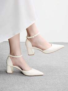 CUCCOO BIZCHIC 女鞋 女士尖头粗跟中跟白色踝带镂空女式高跟鞋 时尚舒适通勤商务百搭女式镂空鞋 - 米色PU - 查看 3