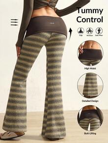 VARSIVA Women's Dark Green Color-Blocked Flared Pants With A Folded Waistband And Color-Blocked Stripes Are A Versatile And Casual Style, Perfect For Yoga And Pilates. - Multicolor - View 10