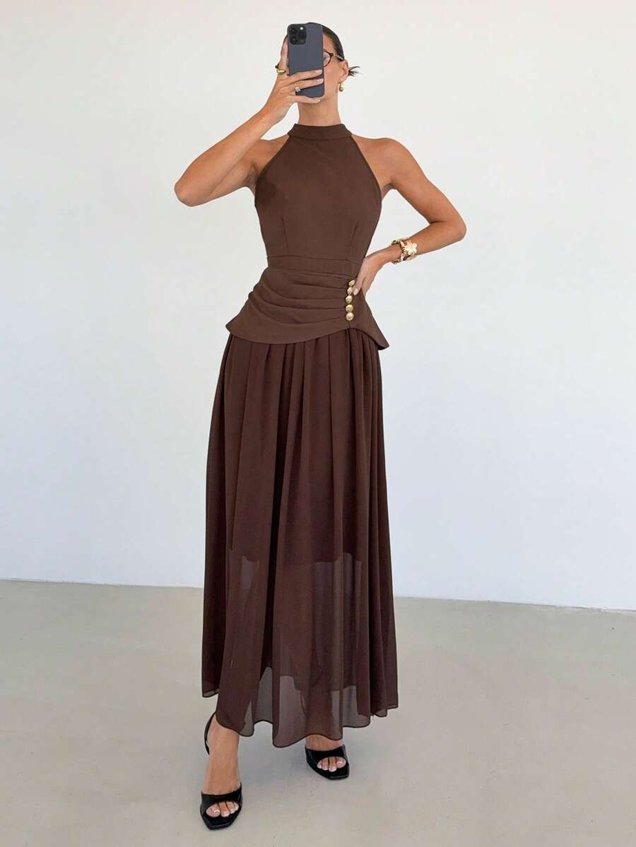Siren Gaze 女士纯色优雅无袖褶皱连衣裙，适合婚礼宾客、通勤、办公、约会、情人节等场合，棕色褶皱连衣裙 - 棕色 - 查看 1