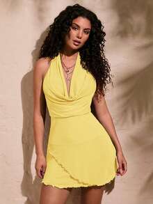 Opulessa Women's Yellow Summer 70s Party Knitted Mesh See-Through Dress,Draped Neck Halter Strap Open Back Design,Bachelorette Beach Vacation Outfits - Light Yellow - View 6