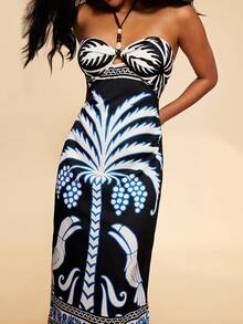 Travachic Women's Halter Tie Parrot & Tree Print Casual Vacation Date Midi Dress - Multicolor - View 1