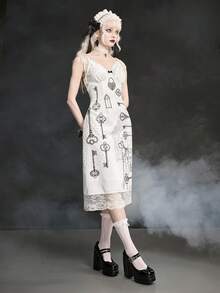ROMWE Spring/SummergraphicwhiteGothic Lolita Style Keyhole Print & Lace Trim Fitted Mini Dress For Women, Spring/Summer - White - View 5