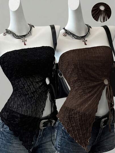 SHEIN EZwear 2件套音乐节新款黑色和棕色针织网眼抽绳抹胸上衣，春夏无肩带上衣哥特式上衣无肩带衬衫女士西部上衣束身衣女士上衣，夏季上衣批发服装女士夏季上衣女士束身衣女士上衣