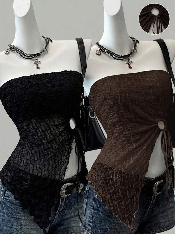SHEIN EZwear 2件套音乐节新款黑色和棕色针织网眼抽绳抹胸上衣，春夏无肩带上衣哥特式上衣无肩带衬衫女士西部上衣束身衣女士上衣，夏季上衣批发服装女士夏季上衣女士束身衣女士上衣