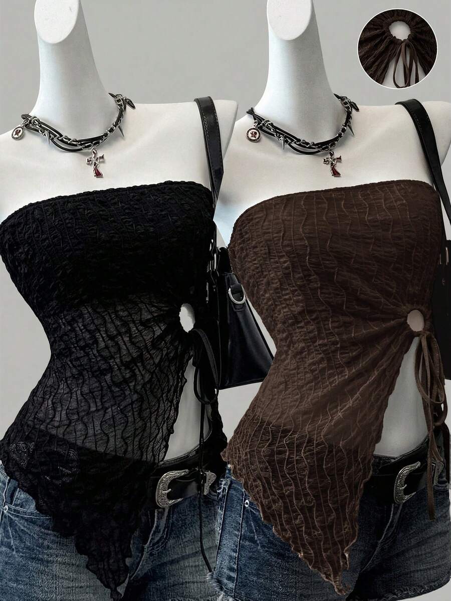 SHEIN EZwear 2件套音乐节新款黑色和棕色针织网眼抽绳抹胸上衣,春夏无肩带上衣哥特式上衣无肩带衬衫女士西部上衣束身衣女士上衣,夏季上衣批发服装女士夏季上衣女士束身衣女士上衣 - 彩色 - 查看 1