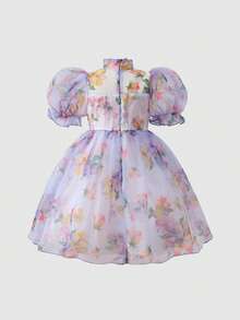 女童碎花泡泡袖翻领连衣裙 - 彩色 - 查看 2