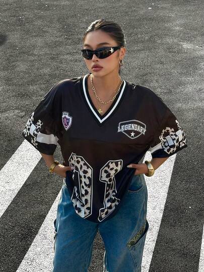 Muchica Plus Size Casual Leopard Print Numeric V-Neck Short Sleeve T-Shirt