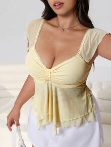 Solflare 大码女式纯色心形领口荷叶边袖口褶皱胸部夏季T恤，2026嘉年华女装造型，适合外出、海滩、度假、休闲穿着，奶油黄网眼T恤 - 黃色 - 查看 5