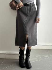 Livesso 女士宽松商务休闲高开衩直筒牛仔裙，时尚百搭，适合办公室、街头穿着，春夏皆宜 - 灰色 - 查看 7