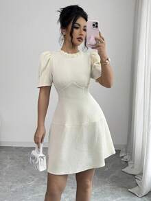 Modelyn Đầm ngắn mùa hè dáng suông tay cánh hoa màu trơn cho nữ, cổ đứng, thắt eo, kiểu dáng thường ngày. - Vàng nhạt - Xem 8