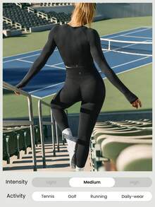 GLOWMODE Second-Skin Seamless Cardio Crusher Soft Lightweight Sweat-Wicking Removable Cups Thumbholes Long Sleeve Mesh Front Crop Top Training Running Workout Gym Studio Daily Active Wear - Black - View 6