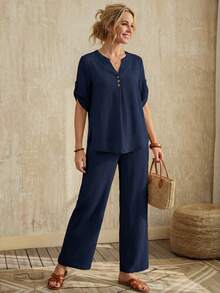 Faunlyn Mùa hè dành cho nữ màu trơn cổ chữ V cuộn tay áo sơ mi và quần ống rộng Bộ hai mảnh thông thường - Màu xanh hải quân - Xem 5