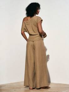 Zivah Neuer eleganter Sommer Khaki Leinen Schulterfreie Rüschen Bluse + Weite Bein Lang Hose Damen Zweiteiler. Perfekt für den täglichen Gebrauch, Einkaufen, Reisen, Urlaub, Pendeln, Brunch, Dates, Flughafen Outfits, Festivals, Musikfestivals, Konzerte, Western, Nomadisch, Schulanfang, Nachmittagstee. - Khaki - Übersicht 9