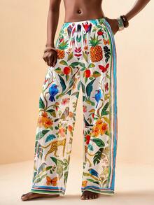 Zivah 2026 Vacation Casual Beach Sheer Retro Print Loose Pants & Cover-Up - Green - View 4