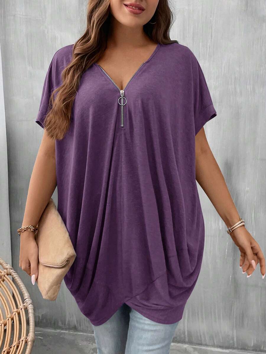 SHEIN LUNE Blusa feminina plus size casual de cor sólida com manga morcego, blusa feminina plus size casual de verão, blusa feminina plus size. - Roxo Lilás - Ver 1