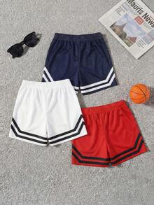 3 piezas Pantalones cortos deportivos con estampado numérico y cintura elástica para niños pequeños, azul/blanco/rojo, tela de punto suave y elástica, adecuado para actividades al aire libre, diseño sencillo y cómodo, elementos numéricos, estilo deportivo, opciones de varios colores, apto para primavera/verano, 6M-3T - Multicolor - Ver 2