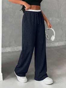 Women's Drawstring Waist Loose Casual Sports Pants - Navy Blue - View 3