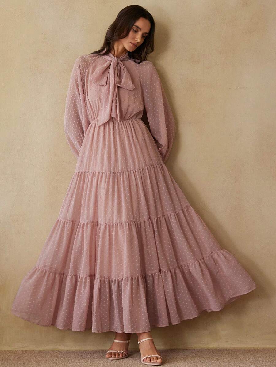 Aveloria Rosie 瑞士圆点荷叶边下摆系带长裙 - 粉色 - 查看 1