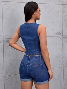 SHEIN ICON Chaleco vaquero de mujer casual y versátil con bordado de cerezas y lavado ligero - Azul lavado medio - Ver 2