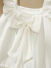 SHEIN Girls' Sleeveless White Dress, Pure White Tone Fresh And Gentle, Large Ruffle Flared Sleeves With Bowknot Back, Pastoral Cute Casual Minimalist Summer Girls Dress - White - View 3