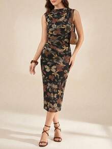 Ellevyn Women's Elegant Maple Leaf & Butterfly Print Ruched Waist Fitted Mid-Length Dress, Suitable For Various Occasions, Graceful Summer Holiday Attire - Multicolor - View 3