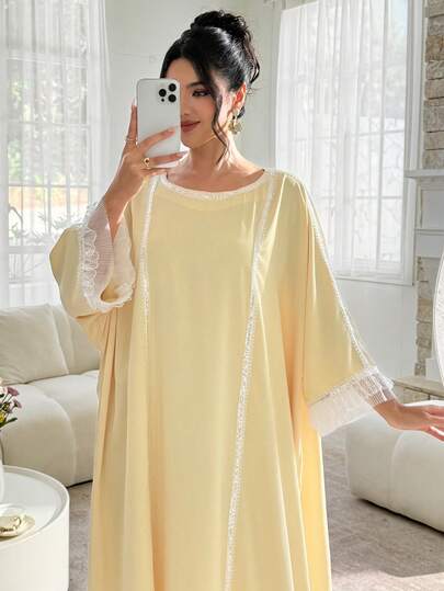 Al Najma Spring/Summer Boat Neck Sequin Embellished Batwing Sleeve Jalabiya Dress