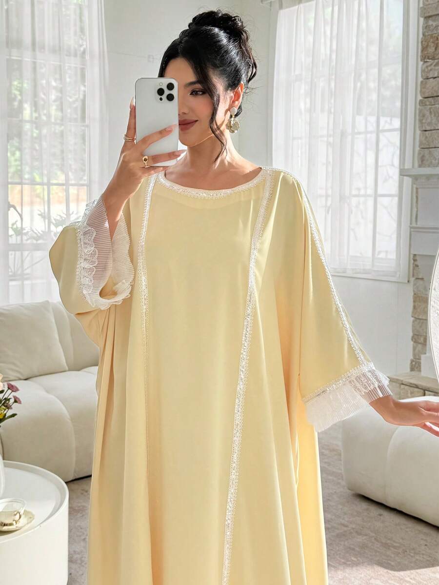 Al Najma Spring/Summer Boat Neck Sequin Embellished Batwing Sleeve Jalabiya Dress - Yellow - View 1