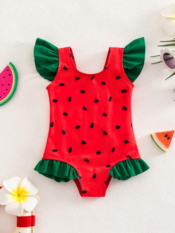 SHEIN 连体式男/女童休闲卡通水果西瓜图案泳衣和帽子套装