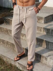 Manfinity RSRT 男士纯色抽绳腰长裤，锥形修身亚麻长裤，清爽简约，适合外出和秋季穿着。 - 杏色 - 查看 7