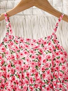 SHEIN Bộ áo liền quần họa tiết hoa nhí giản dị cho bé gái, thích hợp cho mùa hè. - Hồng - Xem 4