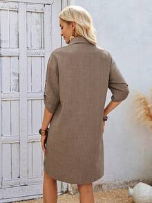 EMERY ROSE 女士纯色露肩中袖前扣休闲宽松连衣裙 - 棕色 - 查看 2