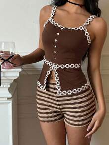 Siren Gaze Celana Pendek Kasual Wanita Motif Patchwork Warna Serbaguna untuk Pemakaian Sehari-hari, Cocok untuk Piala Dunia - Coklat - View 2