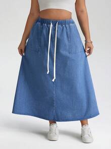 SHEIN CURVE+ Plus Size Dark Blue Summer Casual Everyday Denim Maxi Skirt,Women's High Rise Elastic Waist Drawstring Loose A Line Long Skirt With Pockets - Light Wash - View 4