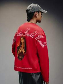 PAVTROS Men's Casual Round Neck Drop Shoulder Short Sleeve T-Shirt With Personalized Fashion Figure Print, Summer - Red - View 6