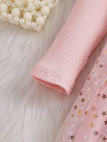 Souflis Souflis Cute Baby Girls Pink Round Neck Long Sleeve Geometric Star Short Dress With Ruffle Details And Bow - Pink - View 3