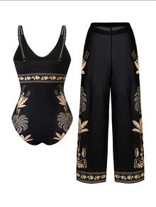 Swim Oasis 女士两件套印花性感连体泳衣，适合海滩、约会、派对、春夏穿着，高端时尚度假风 - 黑色 - 查看 2