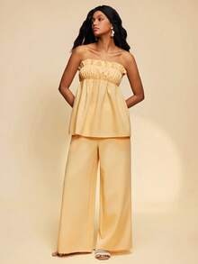 Travachic 2026 New Women's Romantic Vacation Cream Yellow Strapless Loose Top With Ruffle Hem & Long Pants With Pockets - Pale Yellow - View 5