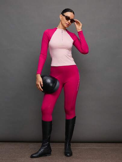 Activina Women's Colorblock Zip-Up Half Placket Casual Equestrian Long Sleeve Top