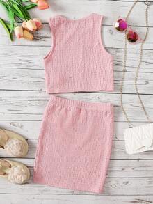 SHEIN 少女针织纹理休闲背心套装 - 淺粉色 - 查看 2