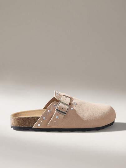 Solecia Women's Casual Slip-On Suede Apricot Color Handmade Indoor/Outdoor Lightweight Shoes, Spring/Autumn Wedge Heel Sandals With Rhinestone Buckle