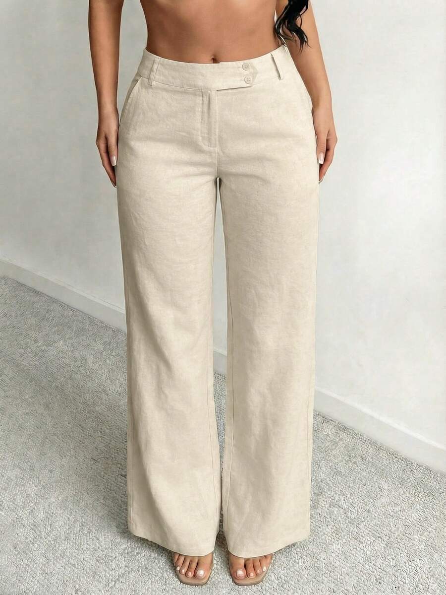 SHEIN SXY 亚麻休闲/商务宽松腰阔腿裤 - 卡其色 - 查看 1