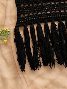 Soleia 女士串珠露背流苏针织上衣，适合度假、约会、下午茶、海滩、邮轮、公路旅行、婚礼季、音乐节、波西米亚风假期等场合。 - 黑色 - 查看 6