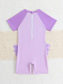SHEIN 1pc Girls' Swan Quick-Dry Comfortable Knitted One-Piece Swimsuit,Short Sleeve Purple Rash Guard Kids Swimwear For Summer,Beach,Holiday & Vacation - Purple - View 2