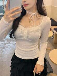 DAZY Women's Elegant Lace-Up Long Sleeve T-Shirt, Spring/Autumn - White - View 5