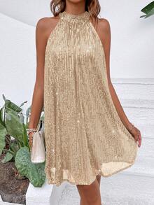 Franclia Petite 杏色亮片露背弹力性感无袖修身A字连衣裙/约会/派对/夜店/街头/情人节/生日/圣诞节/万圣节服装 - 香檳色 - 查看 7