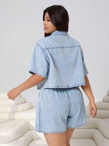 Solflare Kemeja Denim Biru Tua Ukuran Besar, Warna Polos, Bahu Longgar, Lengan Pendek, Kancing Depan, Kasual, Liburan Musim Panas, Serbaguna, Cocok untuk Wanita, Liburan Musim Semi, Karnaval - Biru - View 2