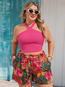 Vivid Eden Women's Plus Size Pink Floral 2 Pieces Set,Summer Boho Halter Top And Tropical Floral Print Paper Bag Waist Shorts,Vacation Holiday Outfits For Beach - Hot Pink - View 4
