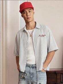 SWAVVY Men's Casual Fashionable Street Daily Commute Letter Embroidery Striped Print Short Sleeve Shirt, Summer - White - View 3