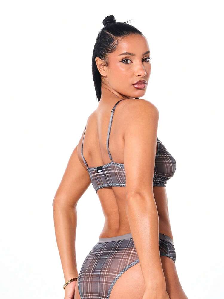 SUMWON WOMEN Mesh Plaid Check Print Lingerie Set
